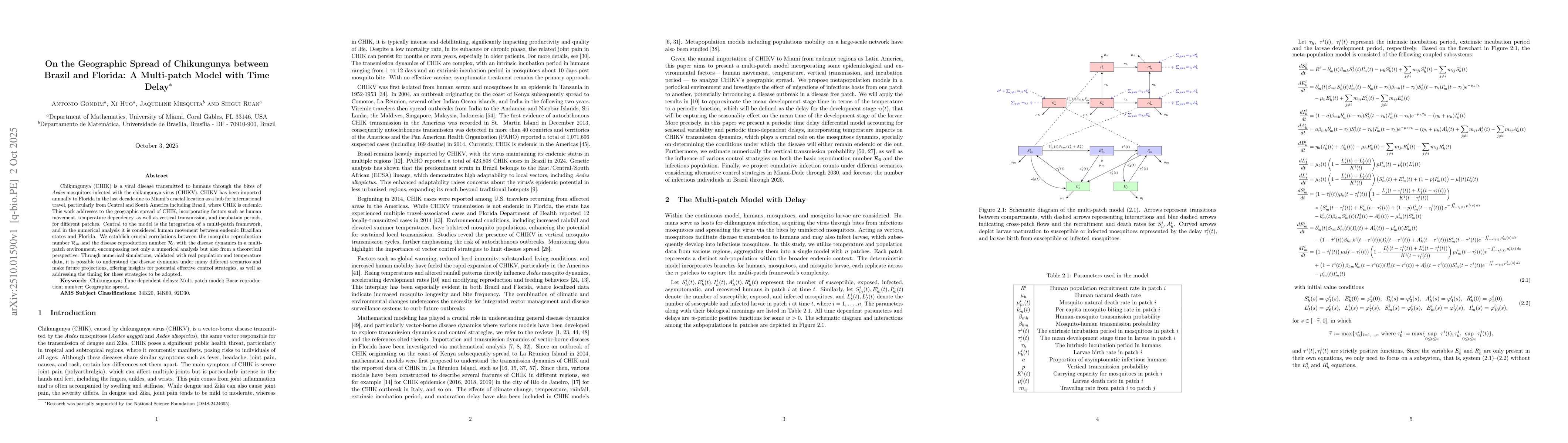 Thumbnail for On the Geographic Spread of Chikungunya between Brazil and Florida: A
  Multi-patch Model with Time Delay