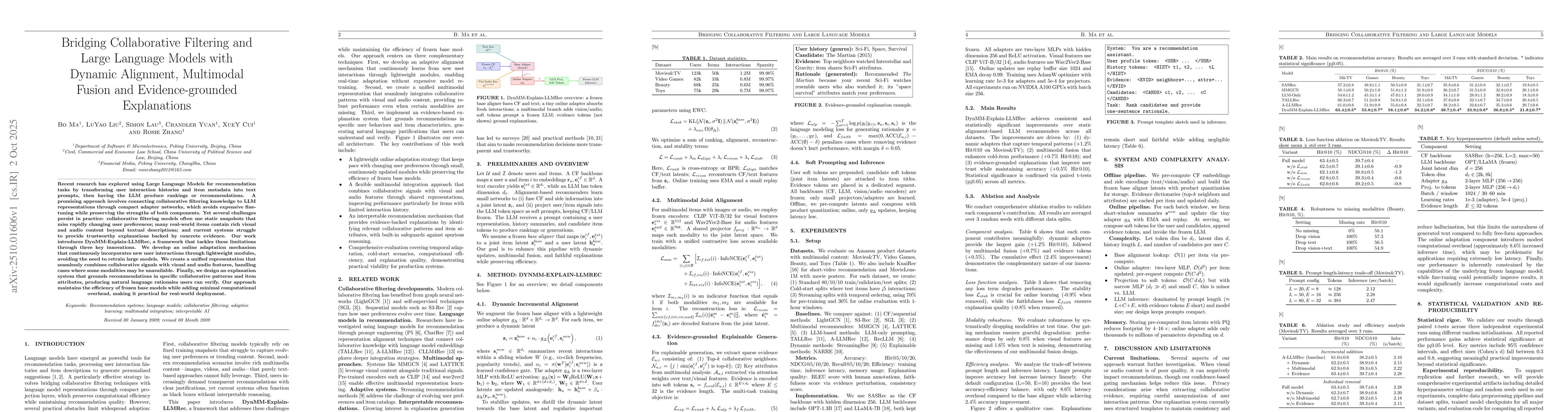 Thumbnail for Bridging Collaborative Filtering and Large Language Models with Dynamic
  Alignment, Multimodal Fusion and Evidence-grounded Explanations