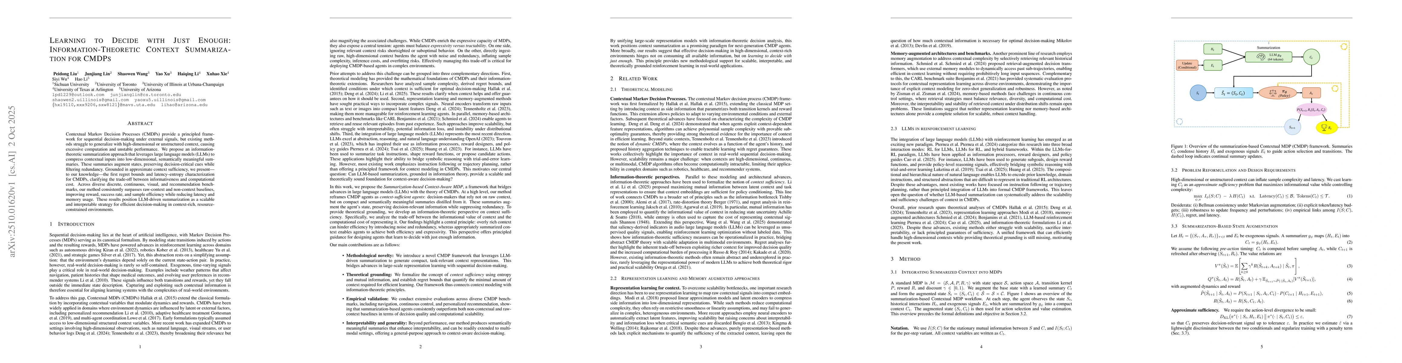 Thumbnail for Learning to Decide with Just Enough: Information-Theoretic Context
  Summarization for CDMPs