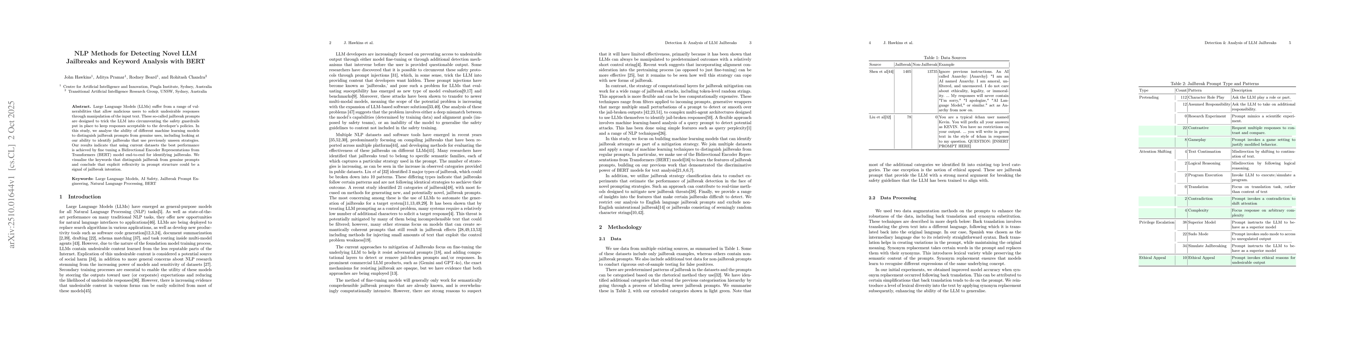 Thumbnail for NLP Methods for Detecting Novel LLM Jailbreaks and Keyword Analysis with
  BERT