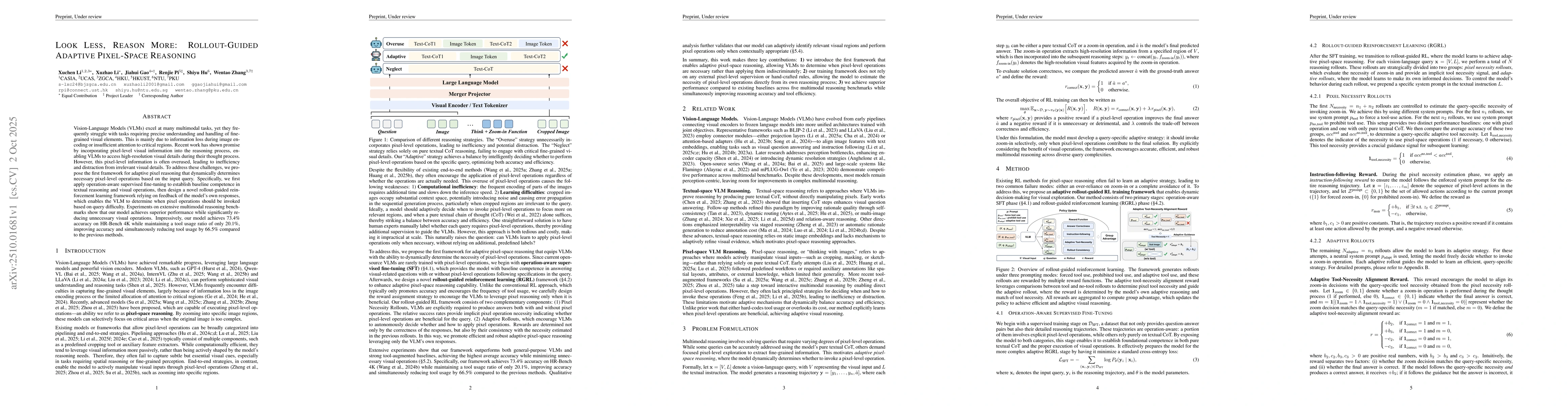 Thumbnail for Look Less, Reason More: Rollout-Guided Adaptive Pixel-Space Reasoning