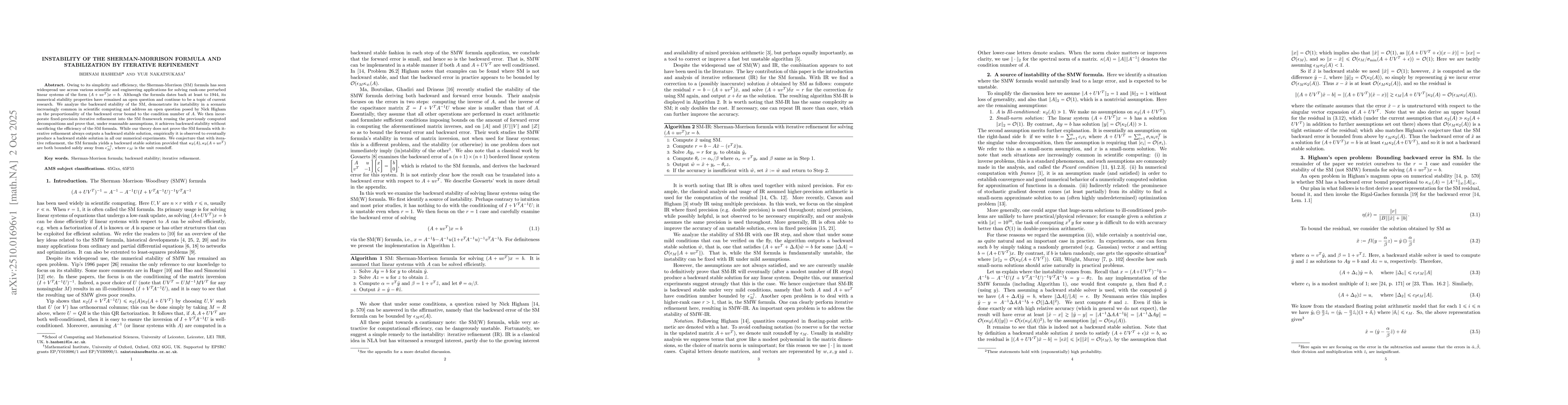 Thumbnail for Instability of the Sherman-Morrison formula and stabilization by
  iterative refinement