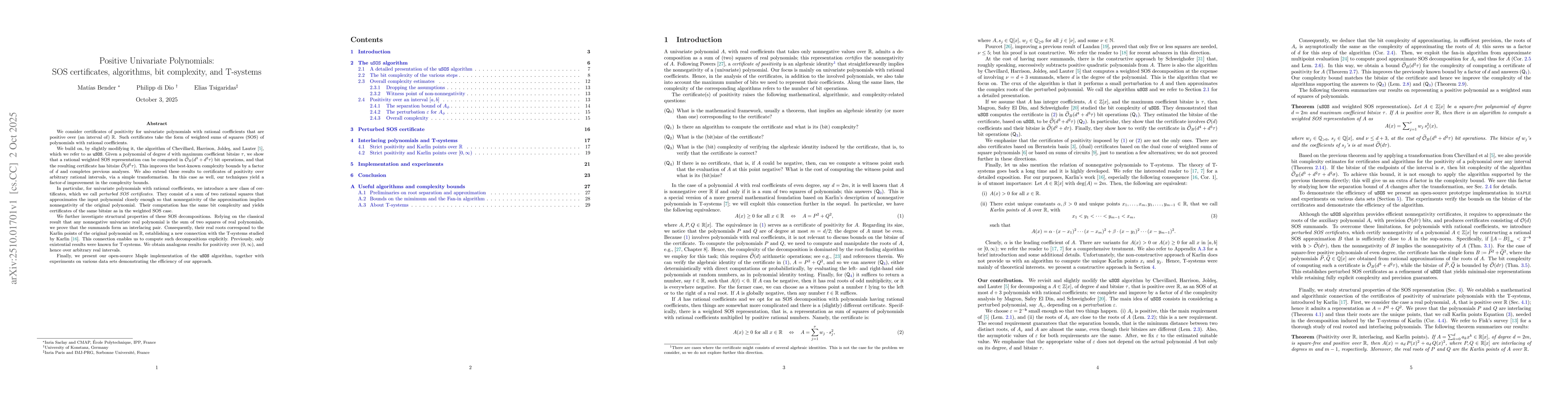 Thumbnail for Positive Univariate Polynomials: SOS certificates, algorithms, bit
  complexity, and T-systems