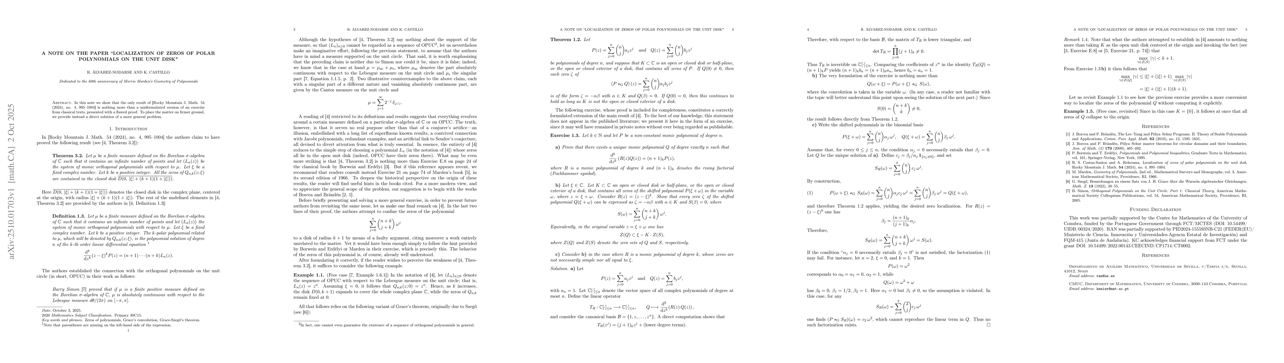Thumbnail for A Note on the Paper "Localization of Zeros of Polar Polynomials on the
  Unit Disk"