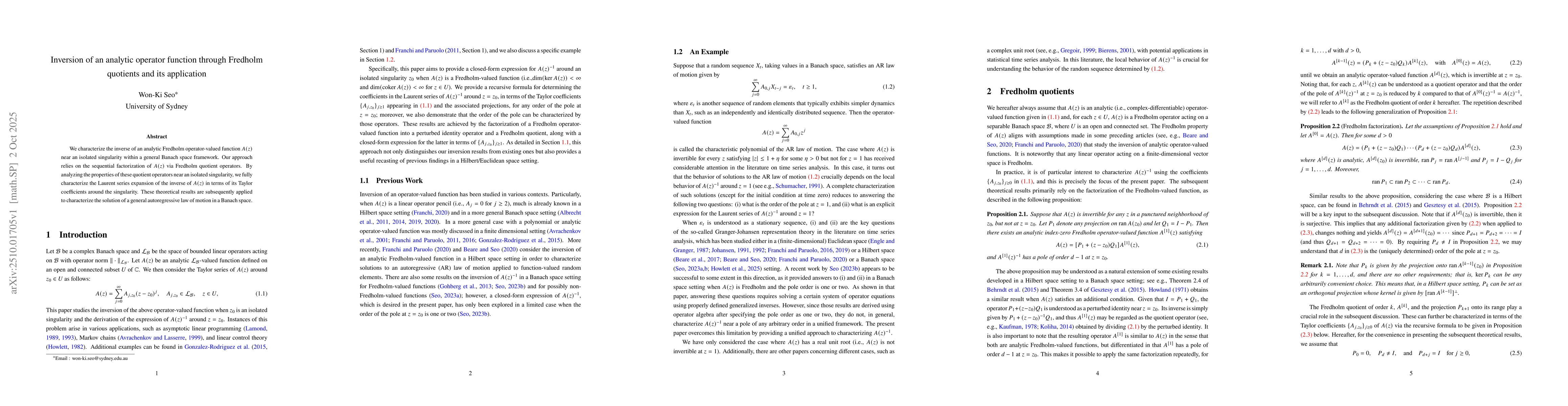 Thumbnail for Inversion of an analytic operator function through Fredholm quotients
  and its application