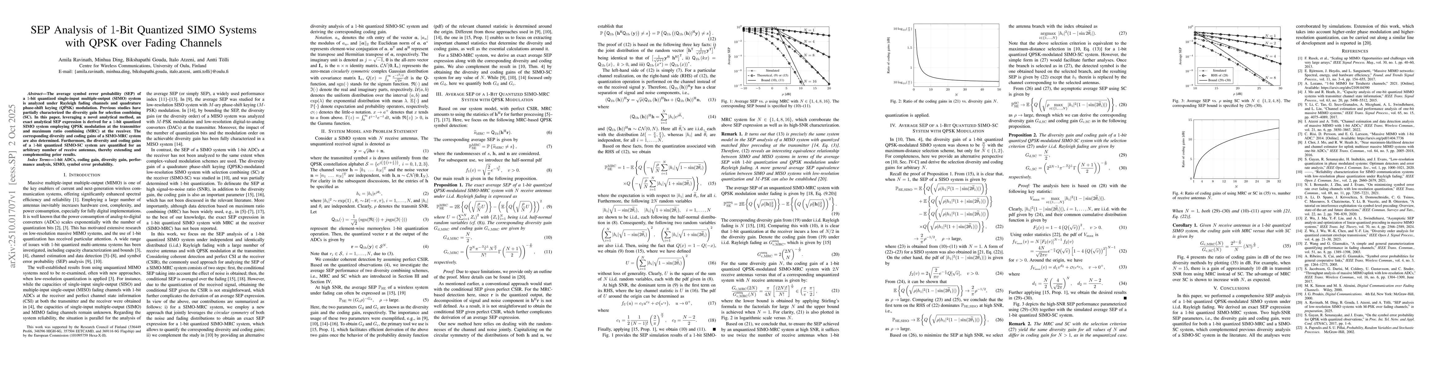Thumbnail for SEP Analysis of 1-Bit Quantized SIMO Systems with QPSK over Fading
  Channels