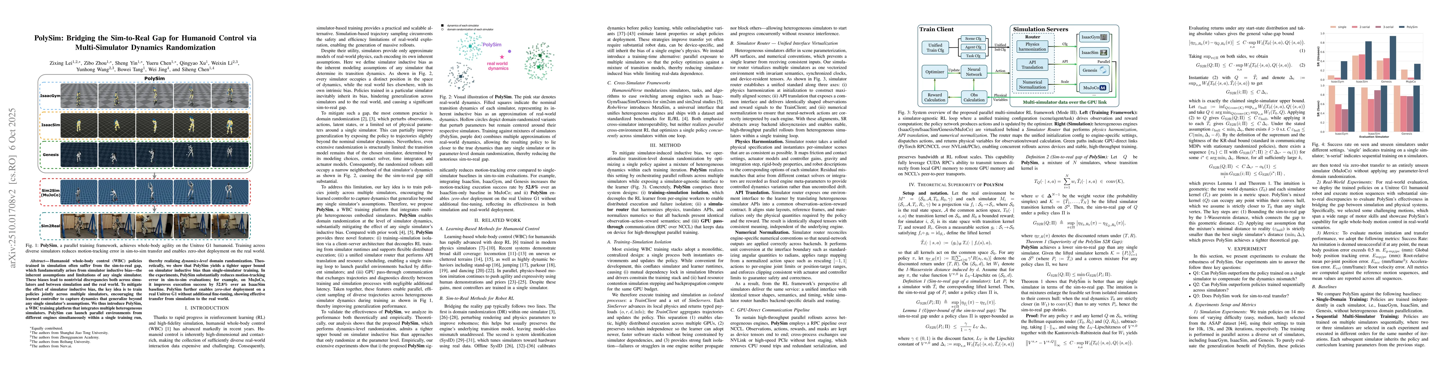 Thumbnail for PolySim: Bridging the Sim-to-Real Gap for Humanoid Control via
  Multi-Simulator Dynamics Randomization