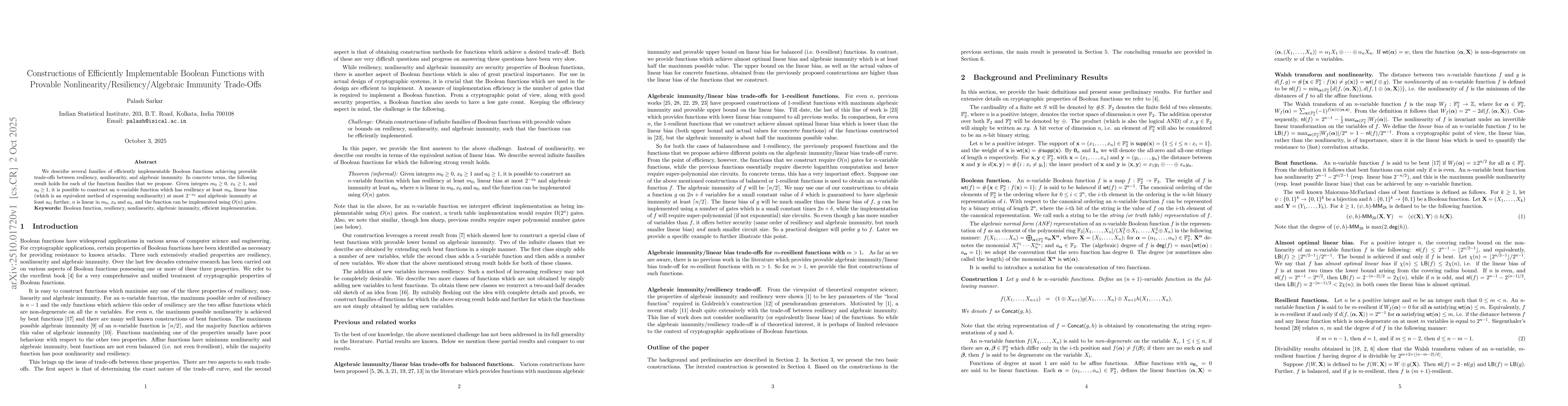 Thumbnail for Constructions of Efficiently Implementable Boolean Functions with
  Provable Nonlinearity/Resiliency/Algebraic Immunity Trade-Offs
