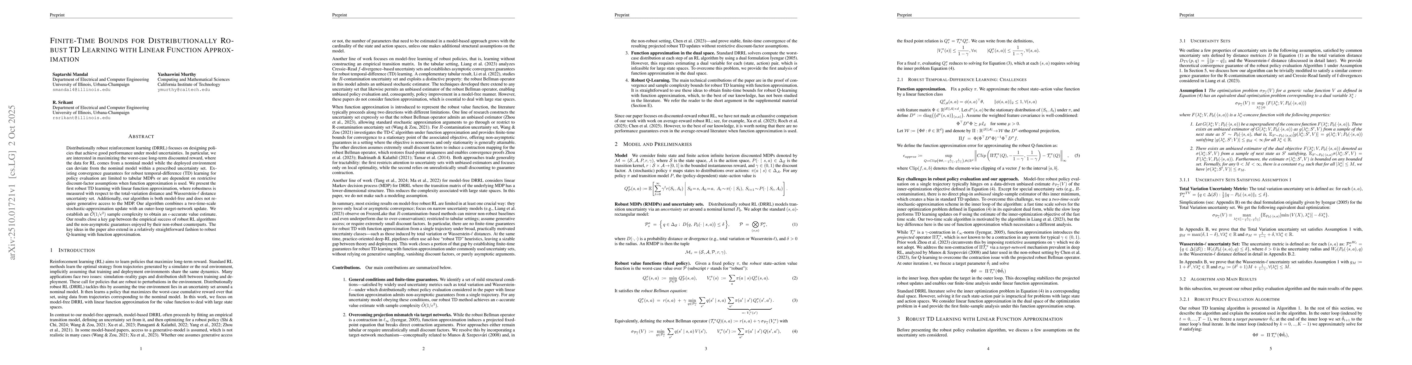 Thumbnail for Finite-Time Bounds for Distributionally Robust TD Learning with Linear
  Function Approximation