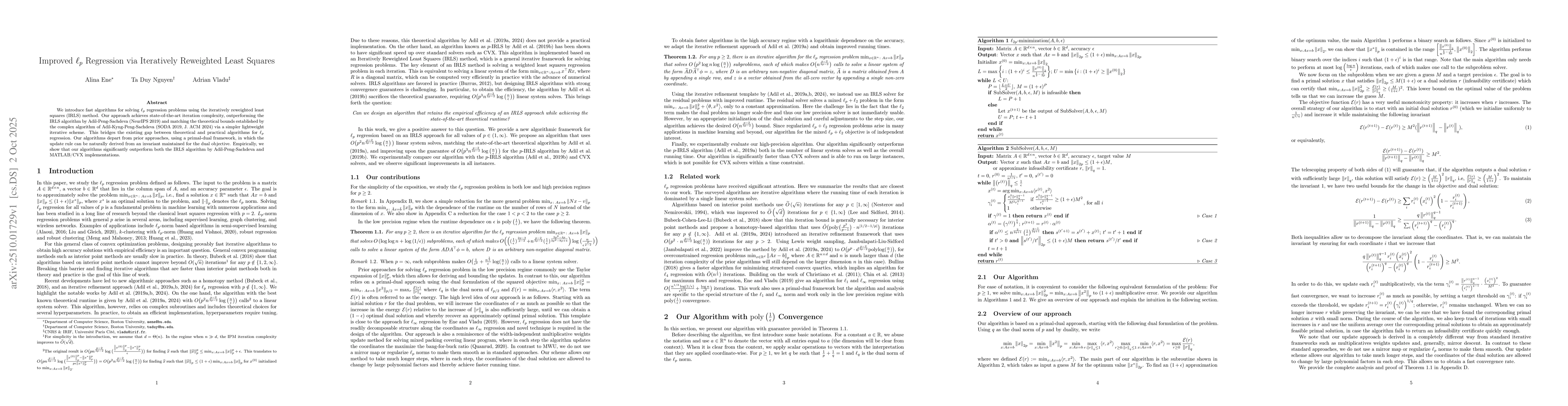 Thumbnail for Improved $\ell_{p}$ Regression via Iteratively Reweighted Least Squares