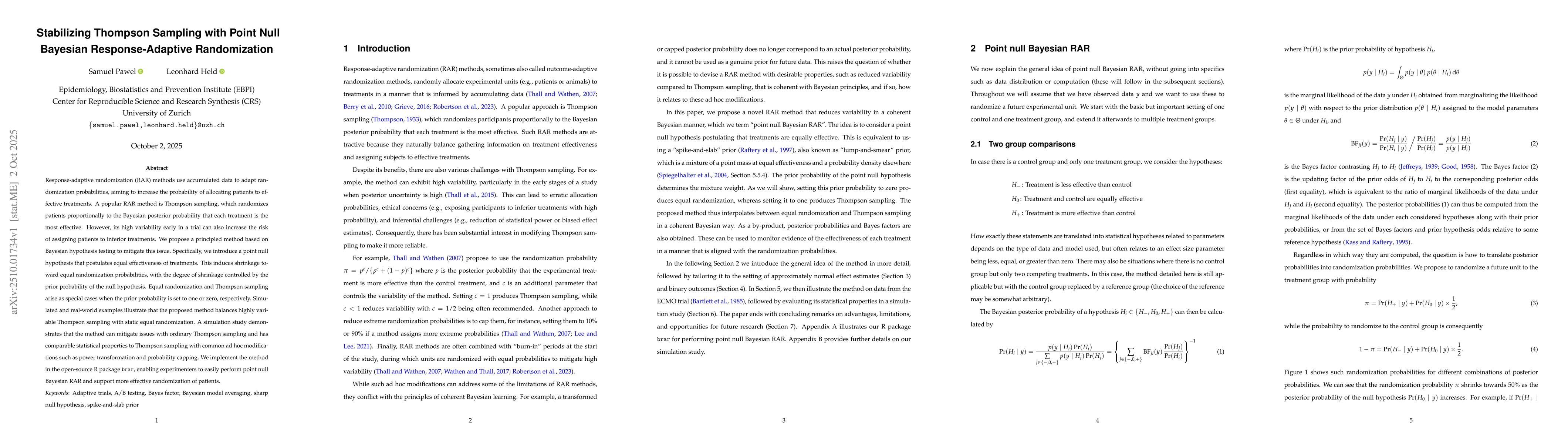 Thumbnail for Stabilizing Thompson Sampling with Point Null Bayesian Response-Adaptive
  Randomization
