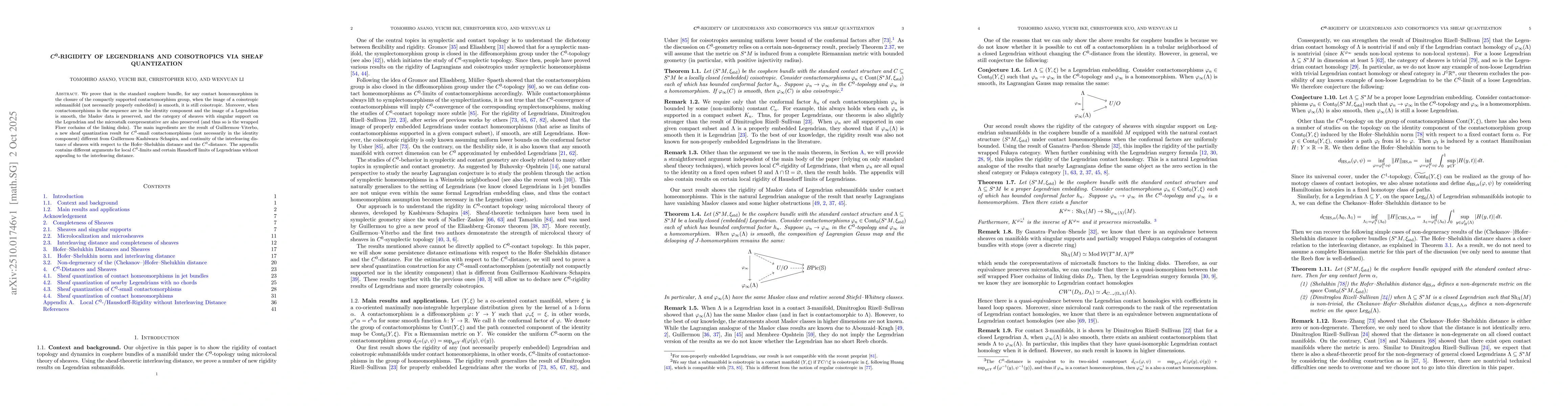 Thumbnail for $C^0$-rigidity of Legendrians and coisotropics via sheaf quantization