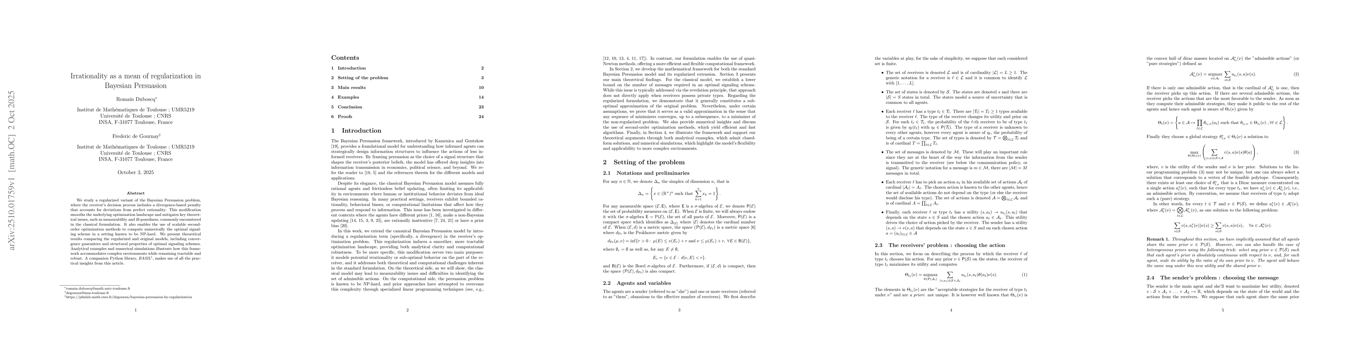Thumbnail for Irrationality as a mean of regularization in Bayesian Persuasion
