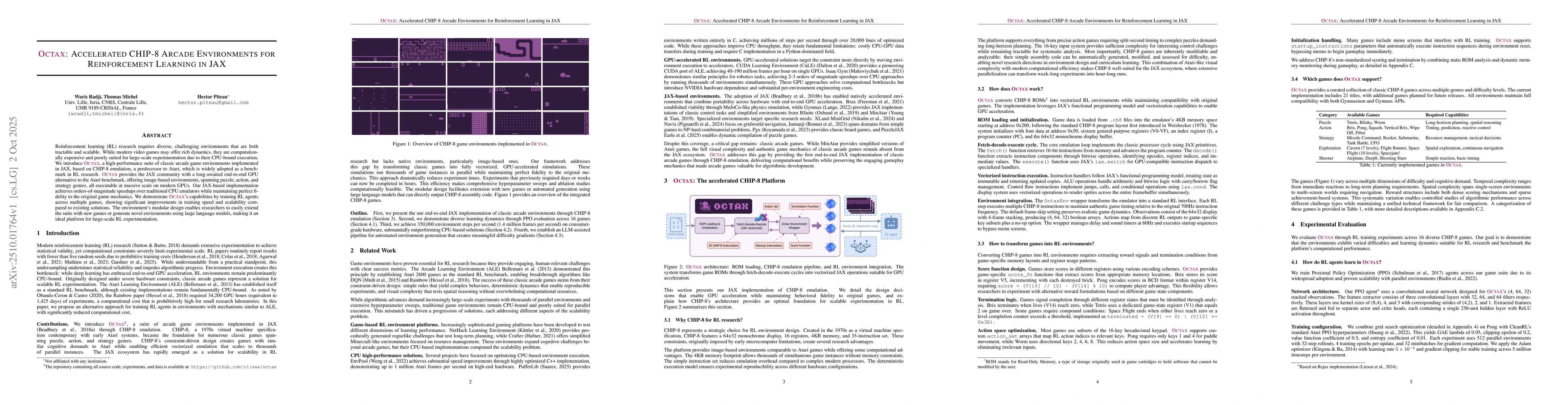 Thumbnail for Octax: Accelerated CHIP-8 Arcade Environments for Reinforcement Learning
  in JAX
