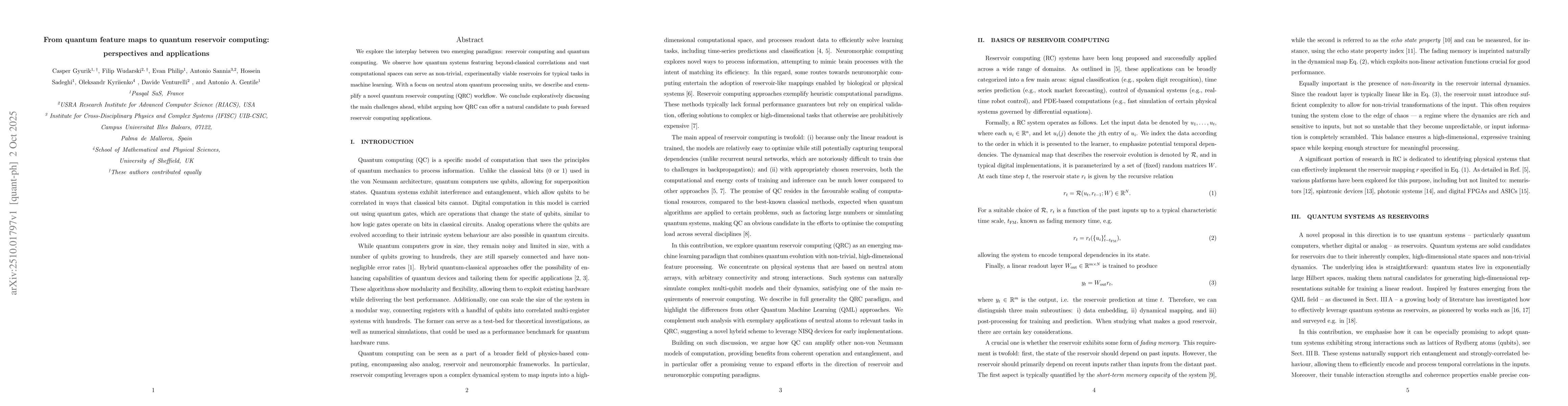 Thumbnail for From quantum feature maps to quantum reservoir computing: perspectives
  and applications
