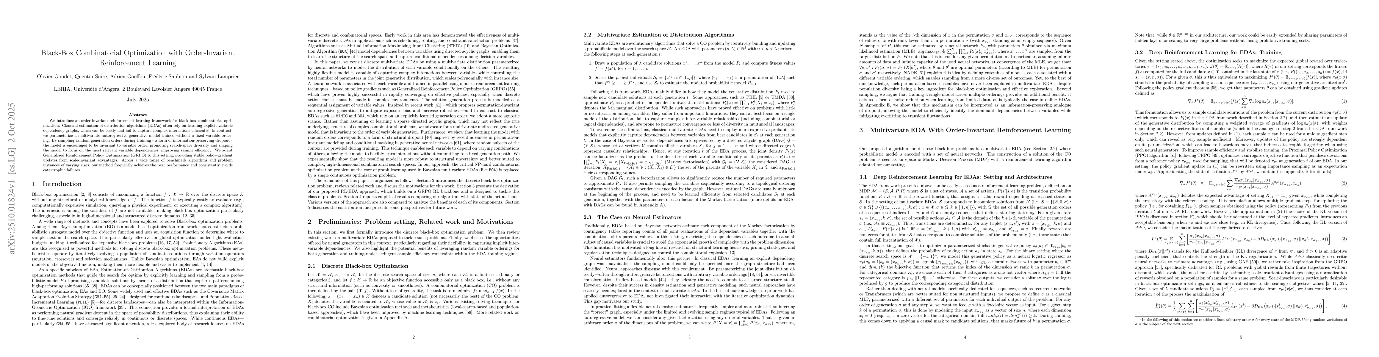 Thumbnail for Black-Box Combinatorial Optimization with Order-Invariant Reinforcement
  Learning