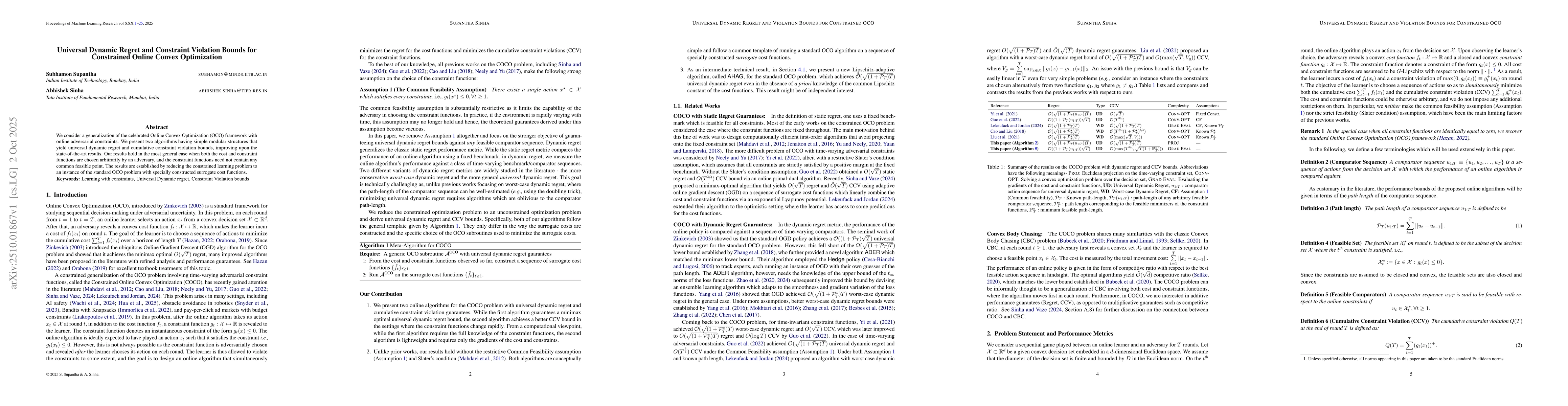 Thumbnail for Universal Dynamic Regret and Constraint Violation Bounds for Constrained
  Online Convex Optimization