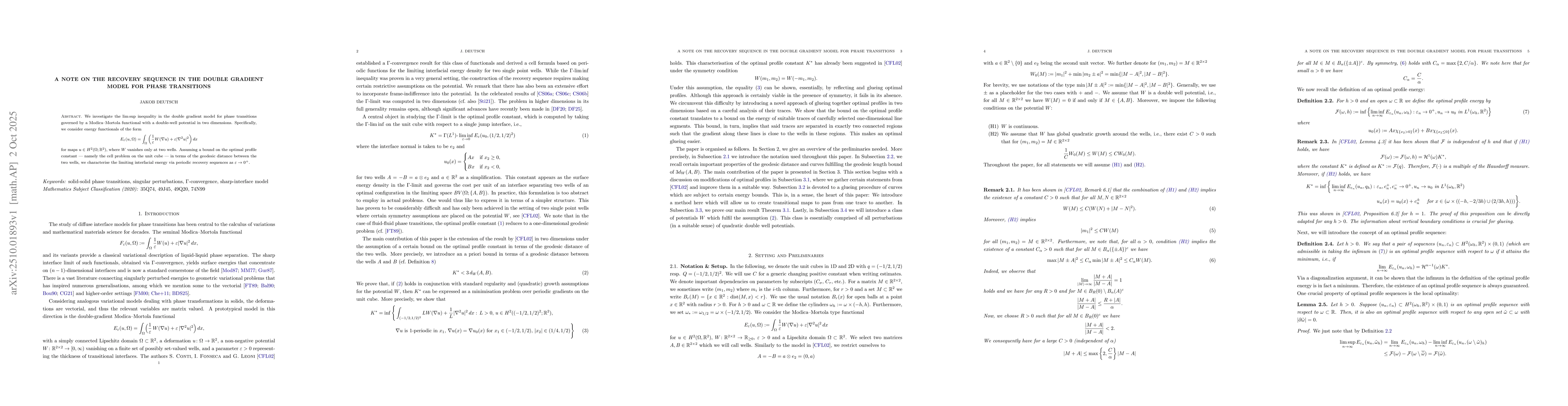 Thumbnail for A note on the recovery sequence in the double gradient model for phase
  transitions