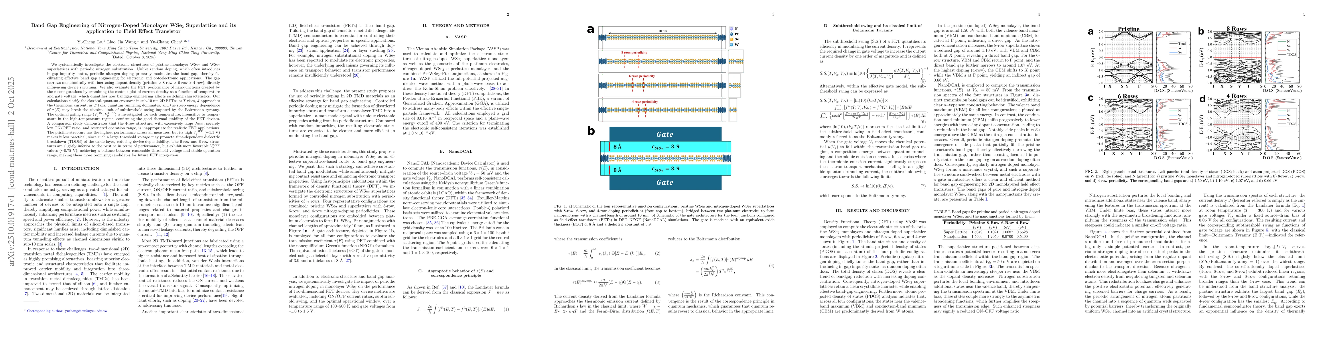 Thumbnail for Band Gap Engineering of Nitrogen-Doped Monolayer WSe$_2$ Superlattice
  and its application to Field Effect Transistor