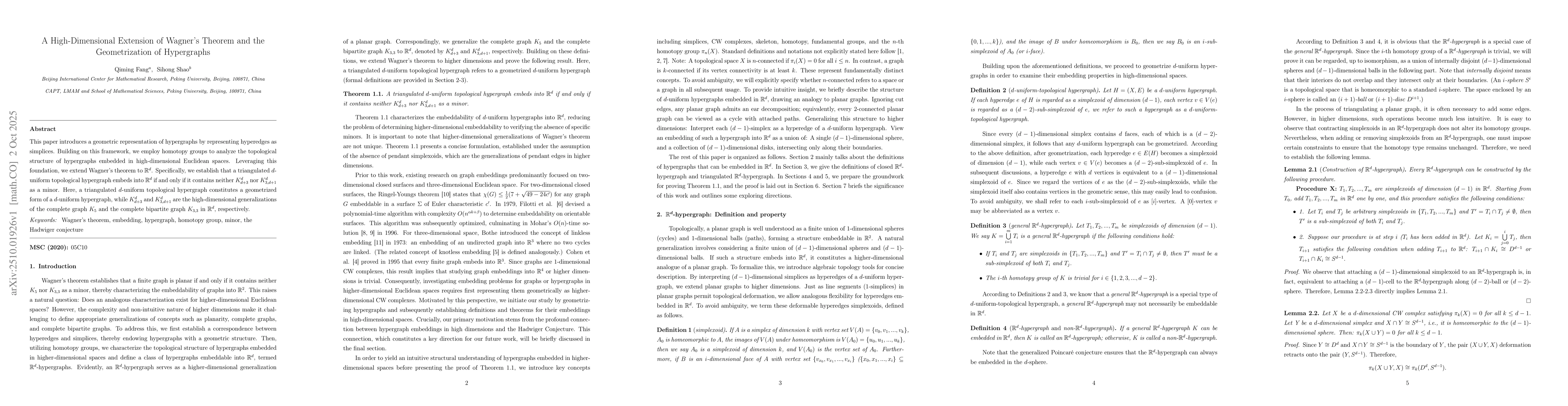 Thumbnail for A High-Dimensional Extension of Wagner's Theorem and the Geometrization
  of Hypergraphs