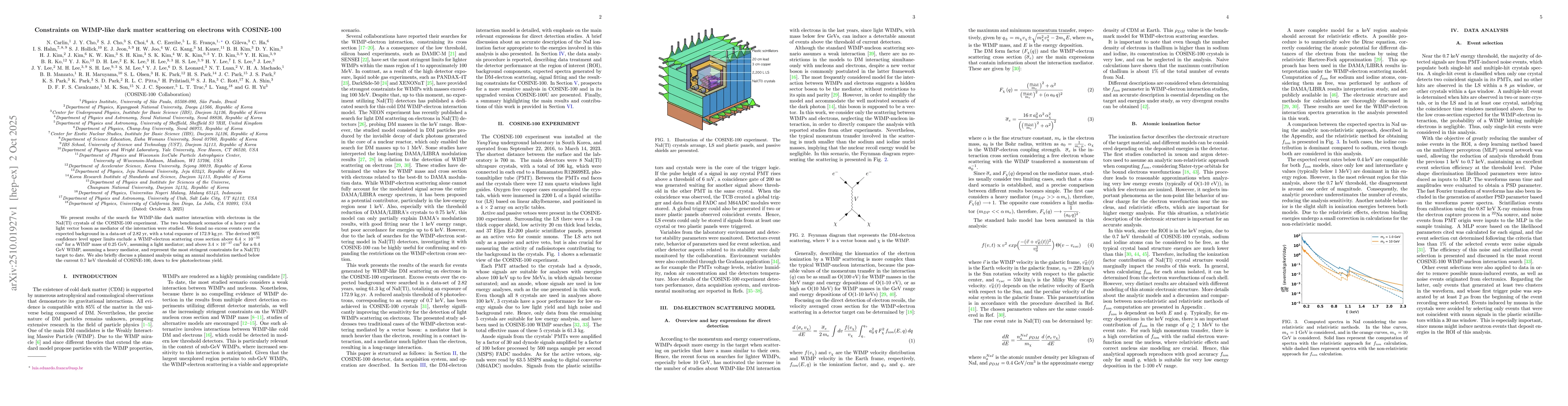 Thumbnail for Constraints on WIMP-like dark matter scattering on electrons with
  COSINE-100