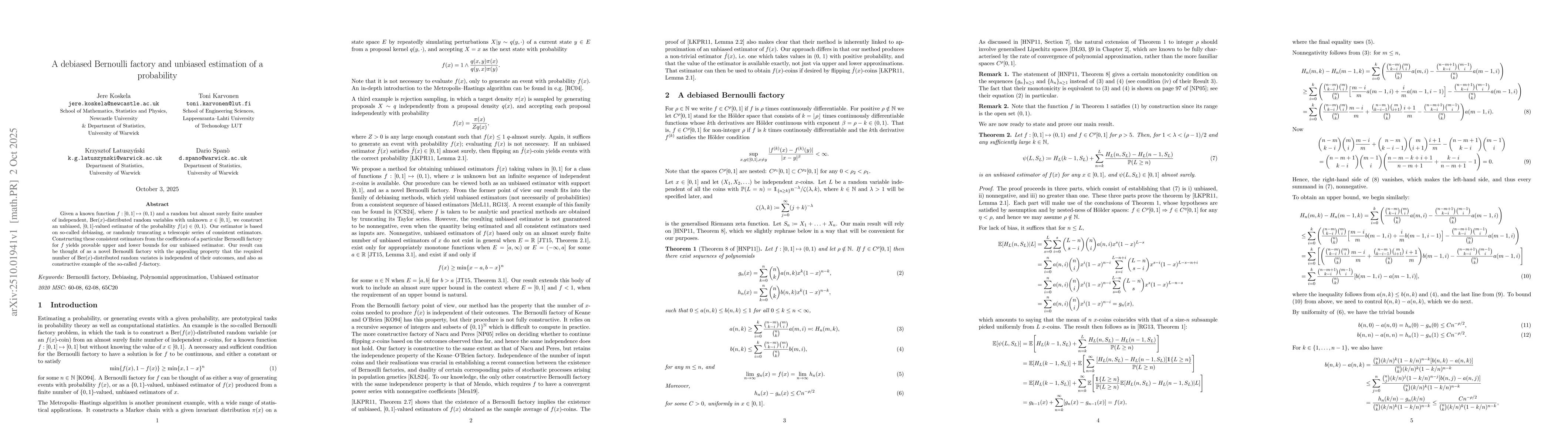 Thumbnail for A debiased Bernoulli factory and unbiased estimation of a probability
