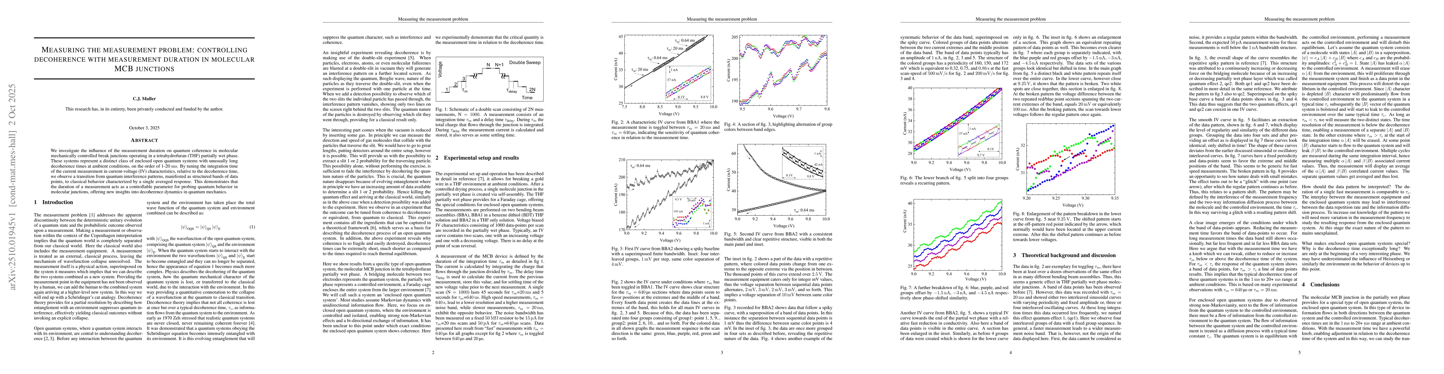 Thumbnail for Measuring the measurement problem: controlling decoherence with
  measurement duration in molecular MCB junctions