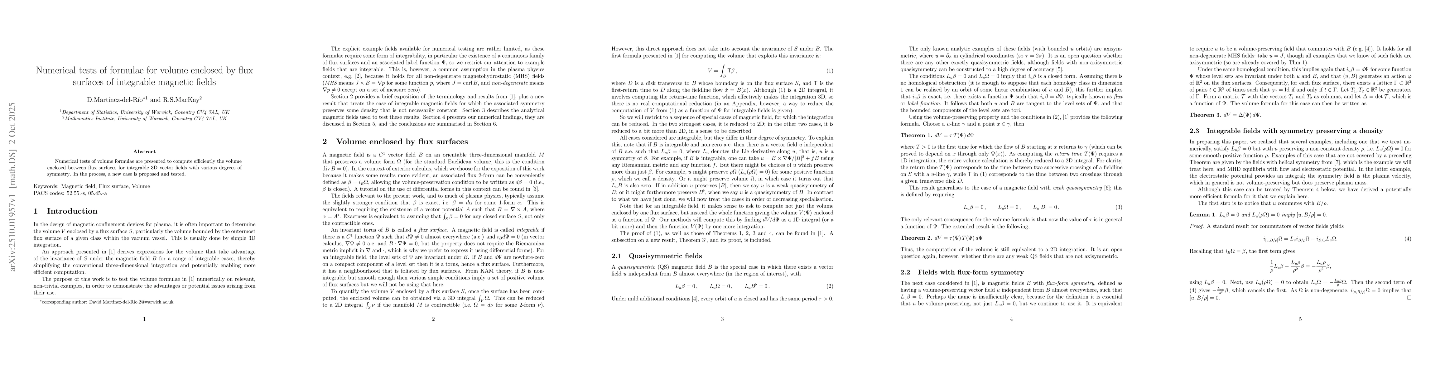 Thumbnail for Numerical tests of formulae for volume enclosed by flux surfaces of
  integrable magnetic fields