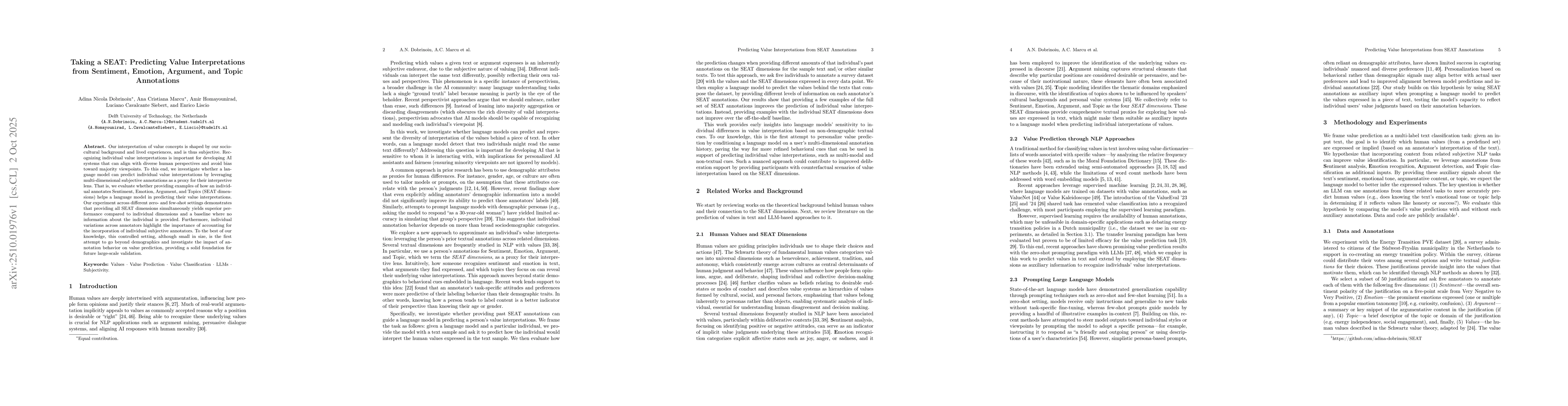 Thumbnail for Taking a SEAT: Predicting Value Interpretations from Sentiment, Emotion,
  Argument, and Topic Annotations