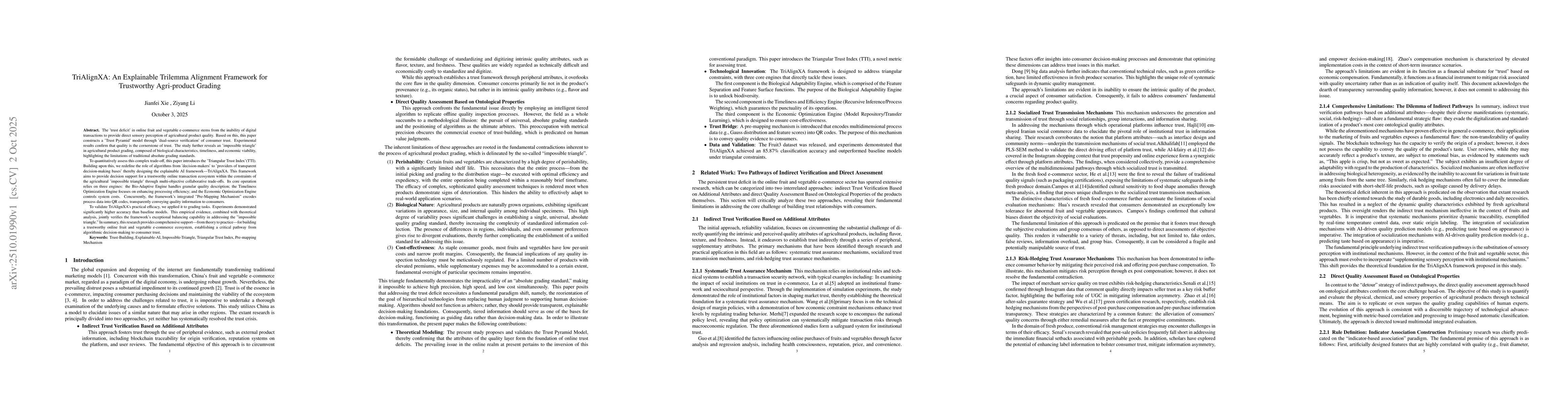 Thumbnail for TriAlignXA: An Explainable Trilemma Alignment Framework for Trustworthy
  Agri-product Grading