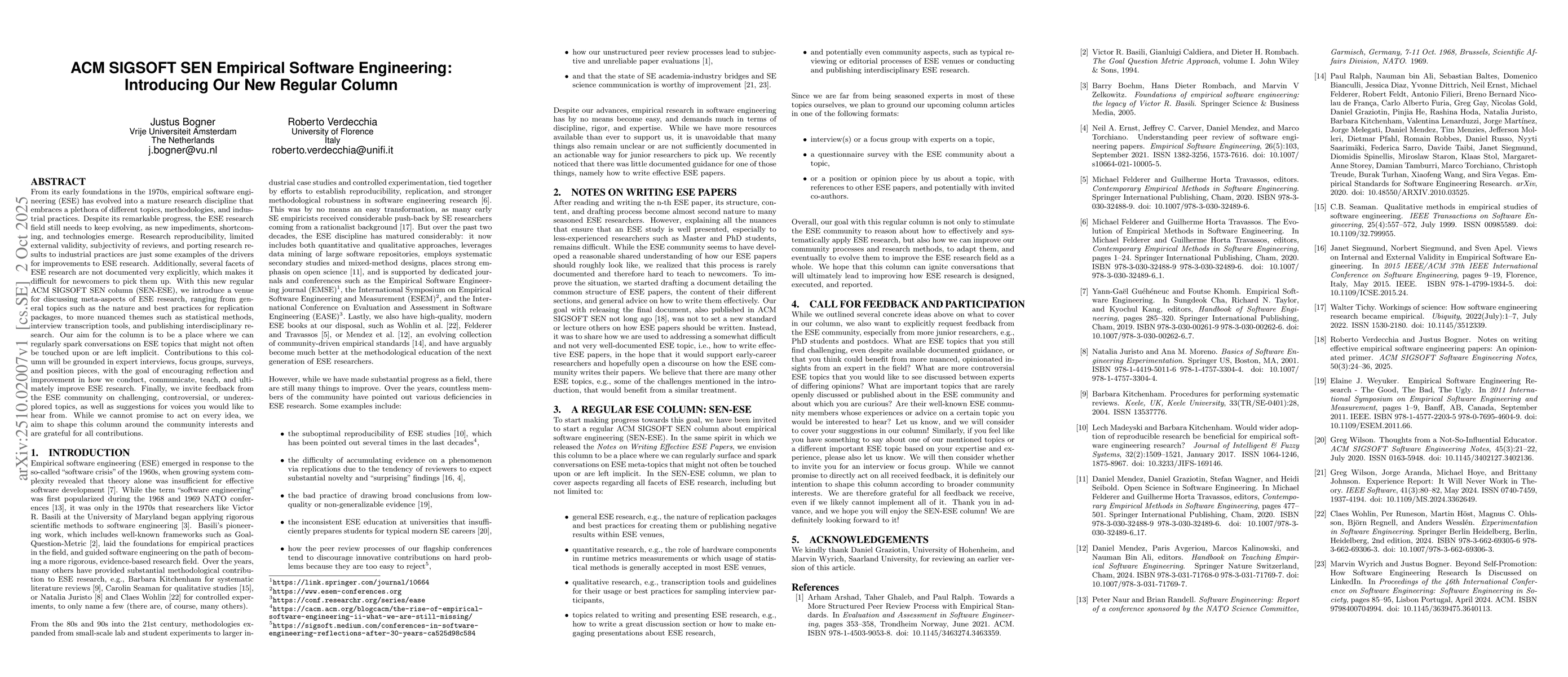 Thumbnail for ACM SIGSOFT SEN Empirical Software Engineering: Introducing Our New
  Regular Column