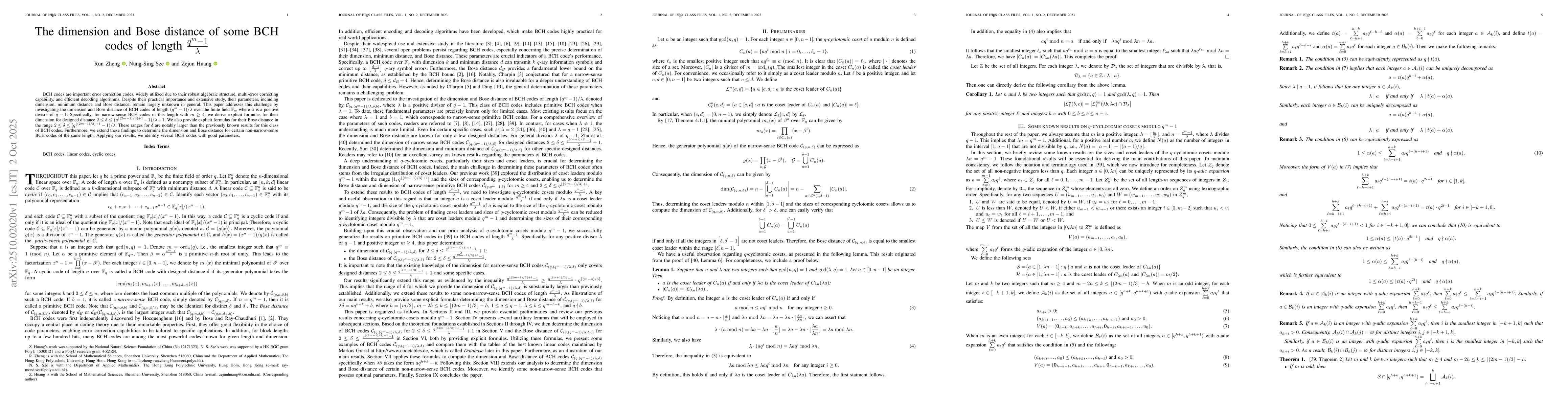 Thumbnail for The dimension and Bose distance of some BCH codes of length
  $\frac{q^{m}-1}λ$