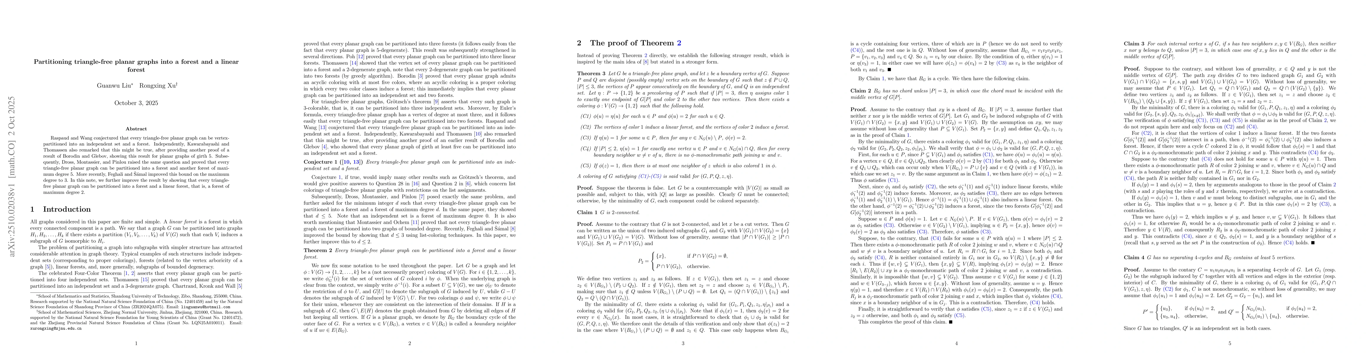 Thumbnail for Partitioning triangle-free planar graphs into a forest and a linear
  forest