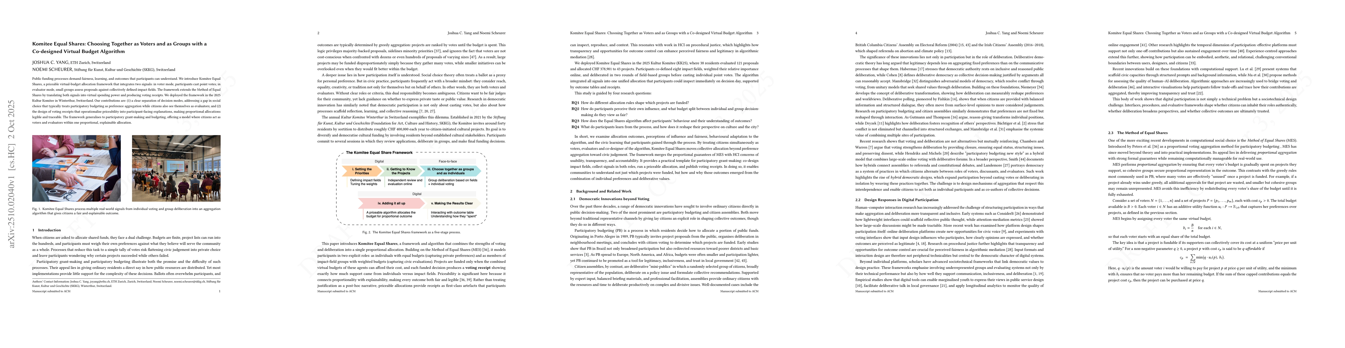 Thumbnail for Komitee Equal Shares: Choosing Together as Voters and as Groups with a
  Co-designed Virtual Budget Algorithm