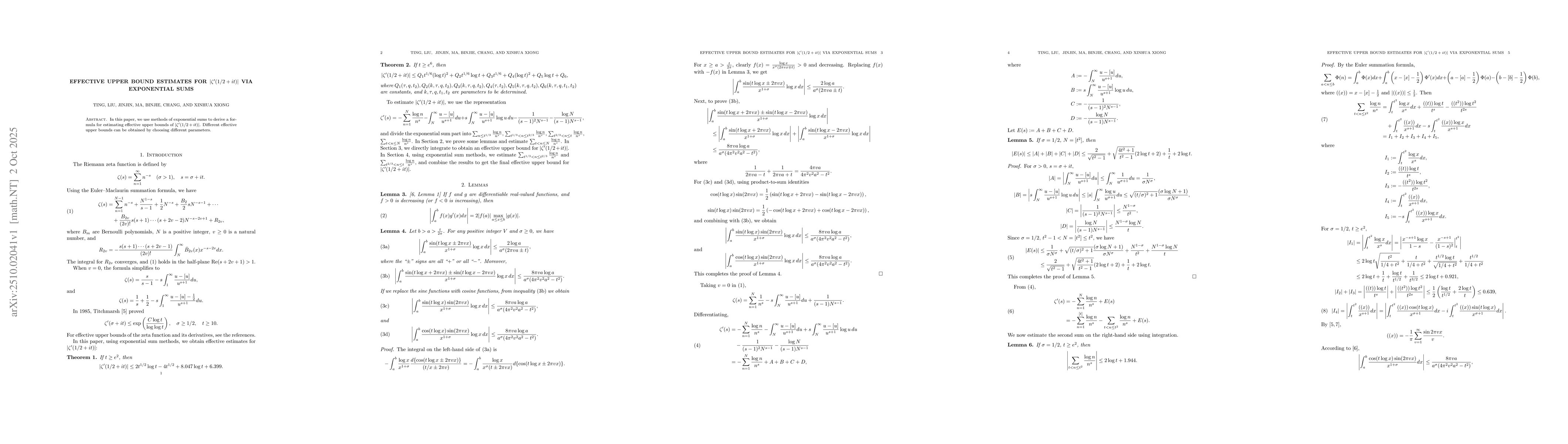 Thumbnail for Effective Upper Bound Estimates for $|Îś'(1/2+it)|$ via Exponential
  Sums