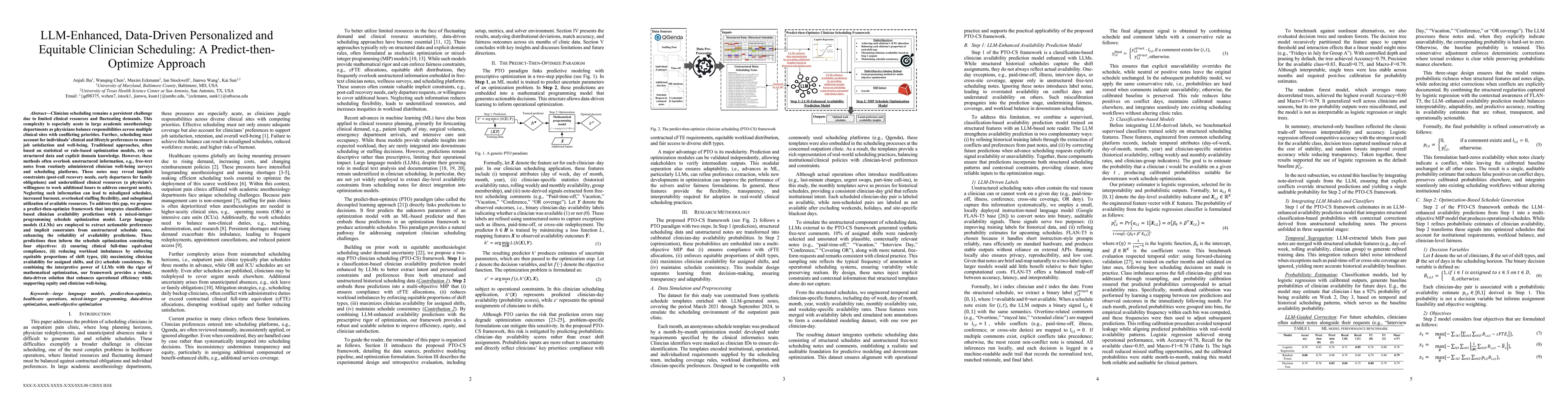 Thumbnail for LLM-Enhanced, Data-Driven Personalized and Equitable Clinician
  Scheduling: A Predict-then-Optimize Approach