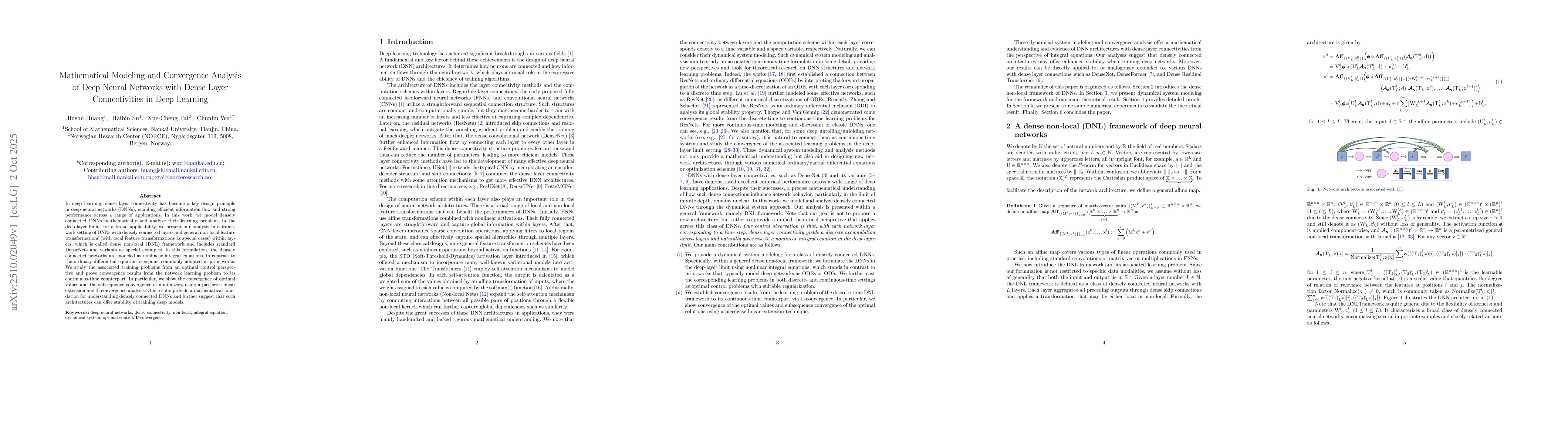 Thumbnail for Mathematical Modeling and Convergence Analysis of Deep Neural Networks
  with Dense Layer Connectivities in Deep Learning