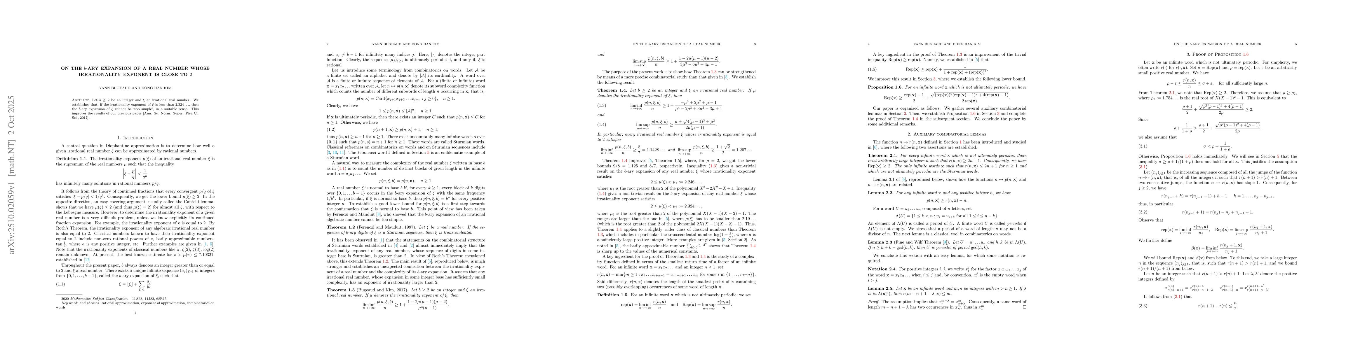 Thumbnail for On the $b$-ary expansion of a real number whose irrationality exponent
  is close to 2
