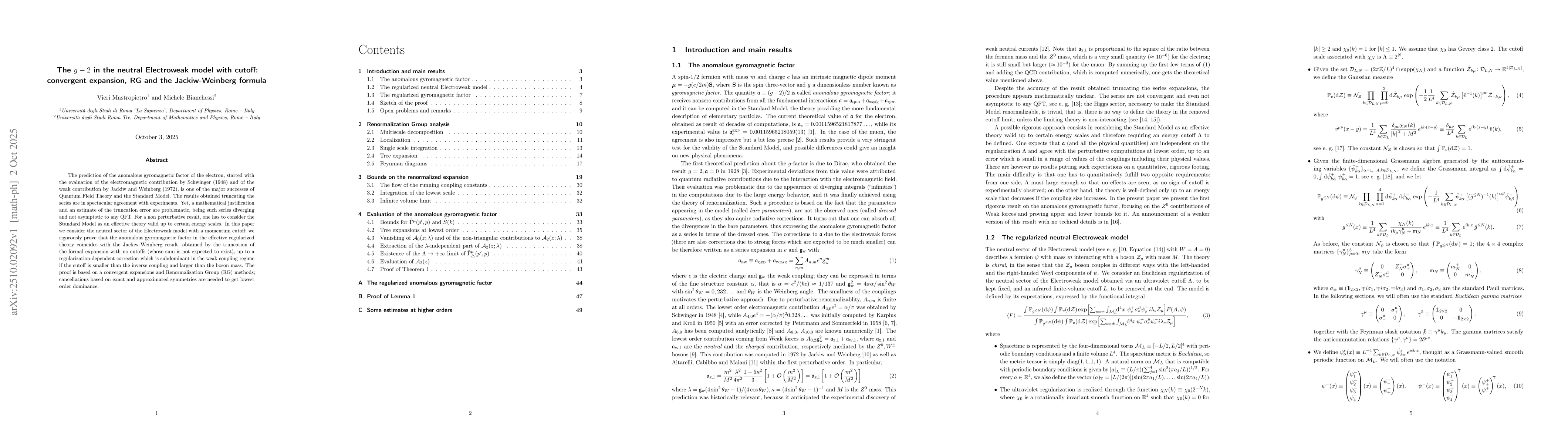 Thumbnail for The g-2 in the neutral Electroweak model with cutoff: convergent
  expansion, RG and the Jackiw-Weinberg formula