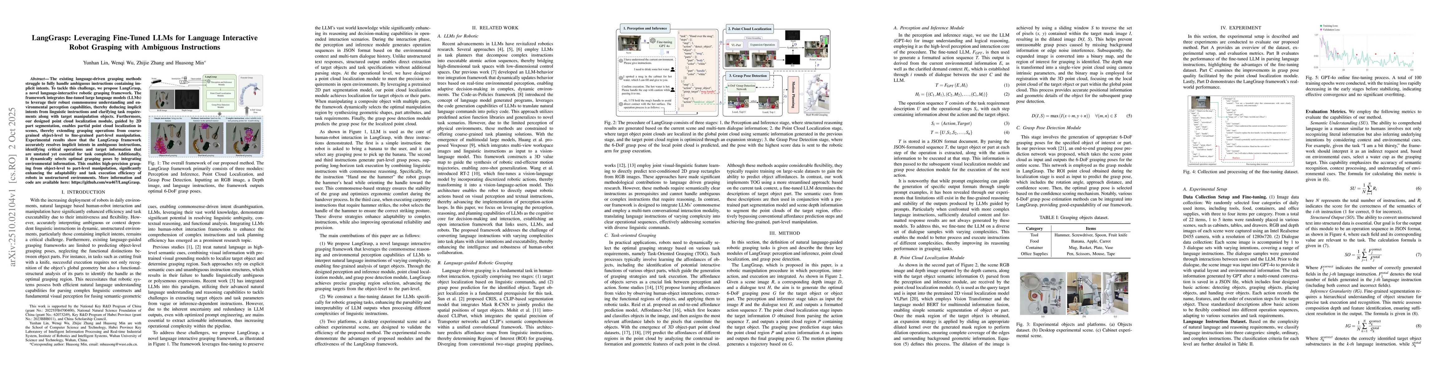Thumbnail for LangGrasp: Leveraging Fine-Tuned LLMs for Language Interactive Robot
  Grasping with Ambiguous Instructions