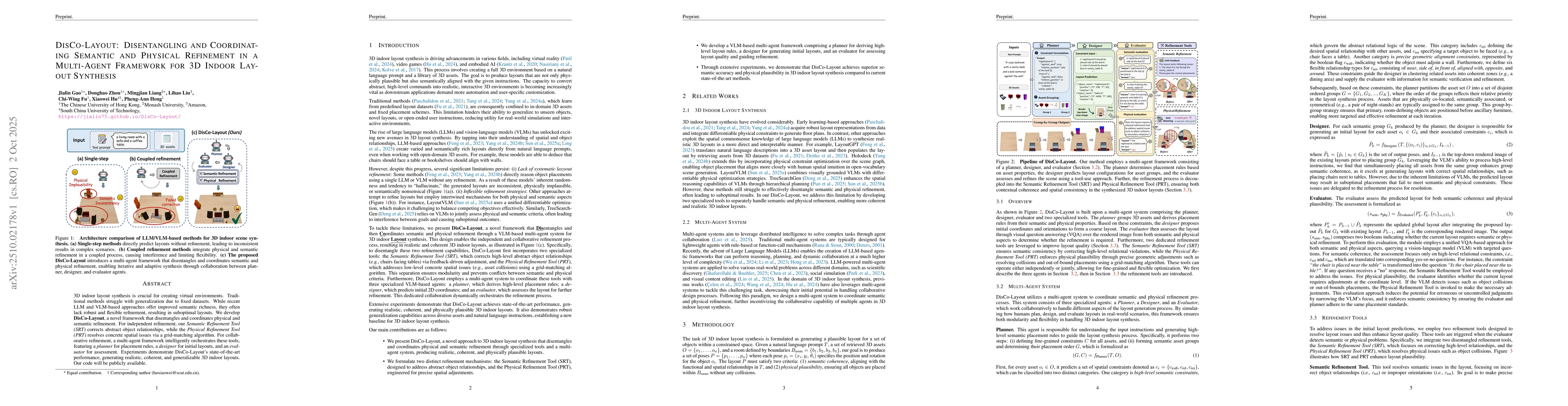 Thumbnail for DisCo-Layout: Disentangling and Coordinating Semantic and Physical
  Refinement in a Multi-Agent Framework for 3D Indoor Layout Synthesis