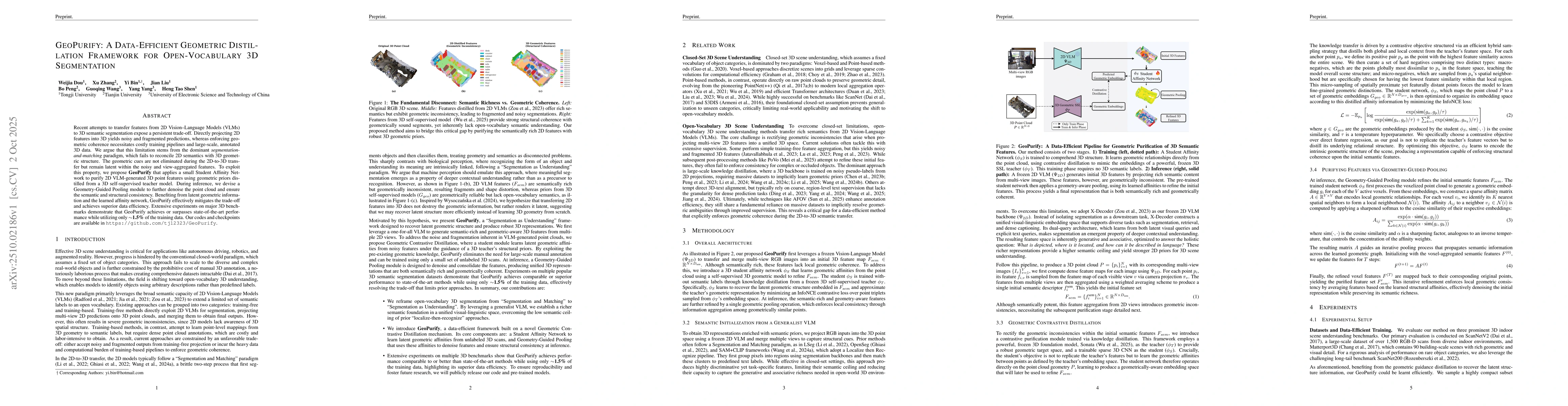 Thumbnail for GeoPurify: A Data-Efficient Geometric Distillation Framework for
  Open-Vocabulary 3D Segmentation