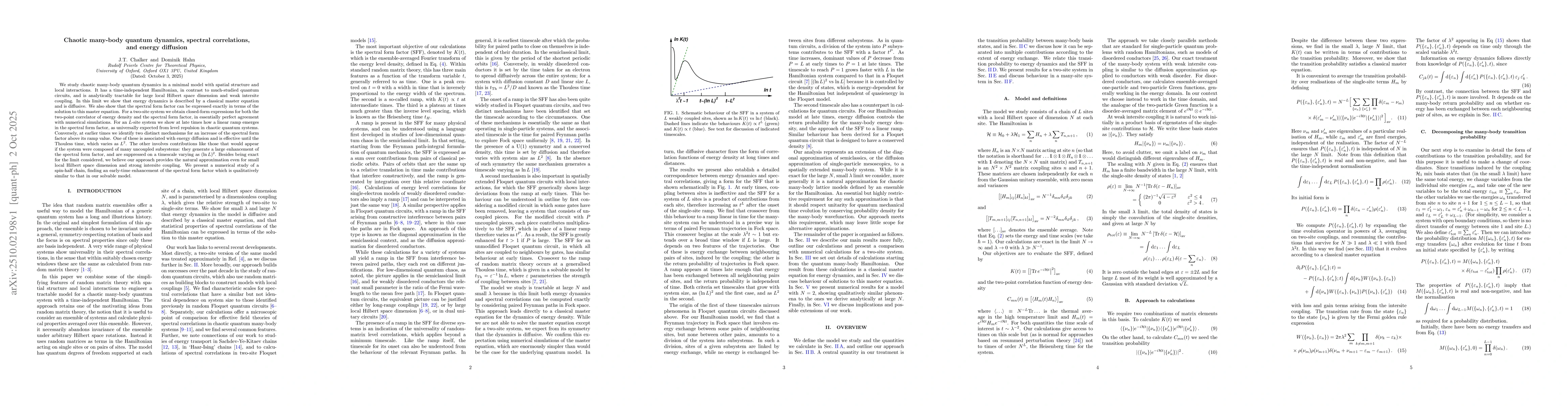 Thumbnail for Chaotic many-body quantum dynamics, spectral correlations, and energy
  diffusion