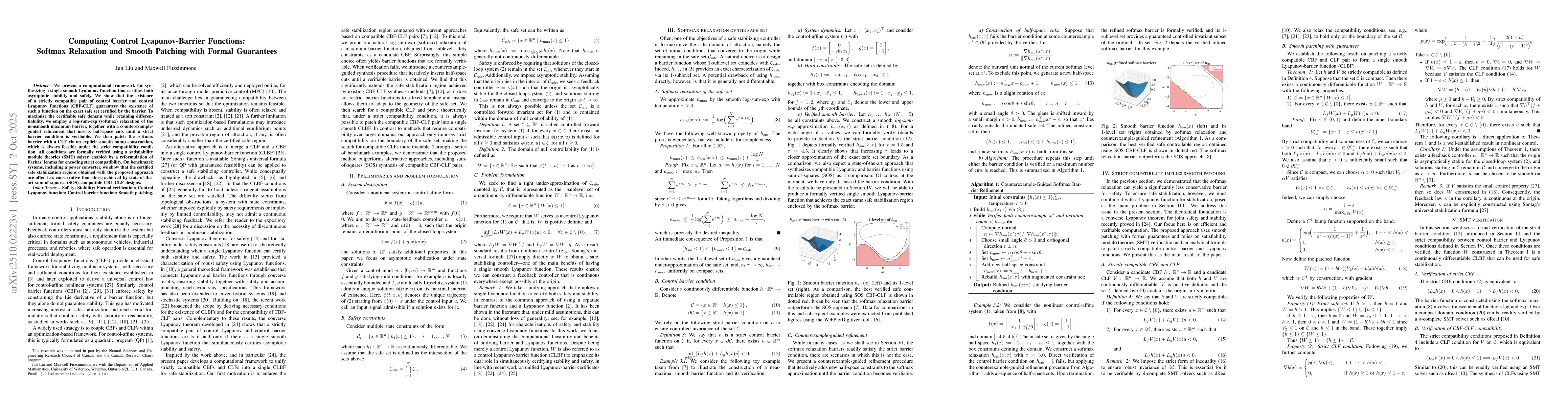 Thumbnail for Computing Control Lyapunov-Barrier Functions: Softmax Relaxation and
  Smooth Patching with Formal Guarantees