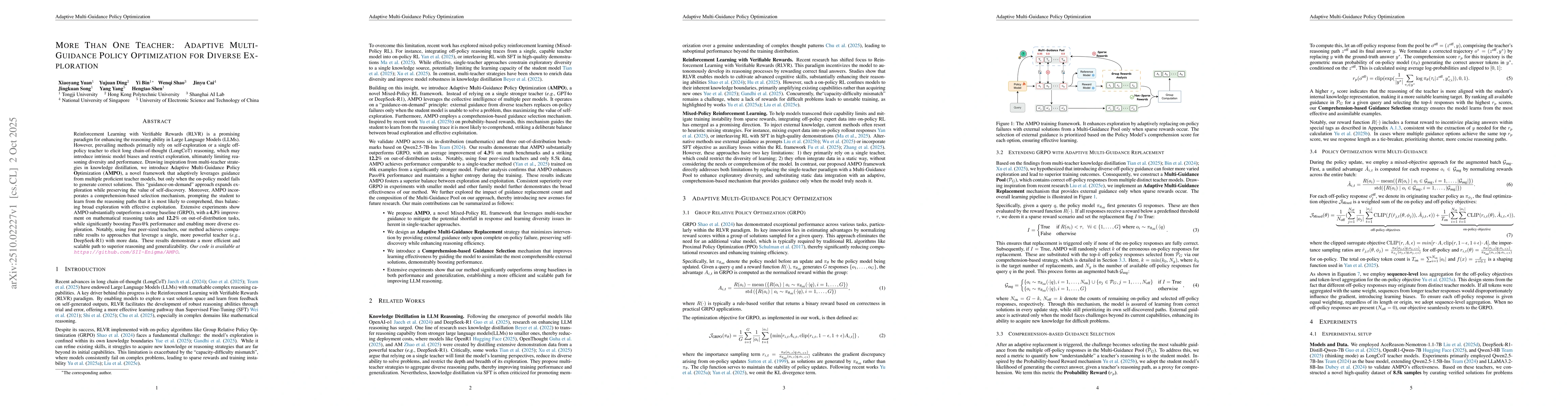 Thumbnail for More Than One Teacher: Adaptive Multi-Guidance Policy Optimization for
  Diverse Exploration