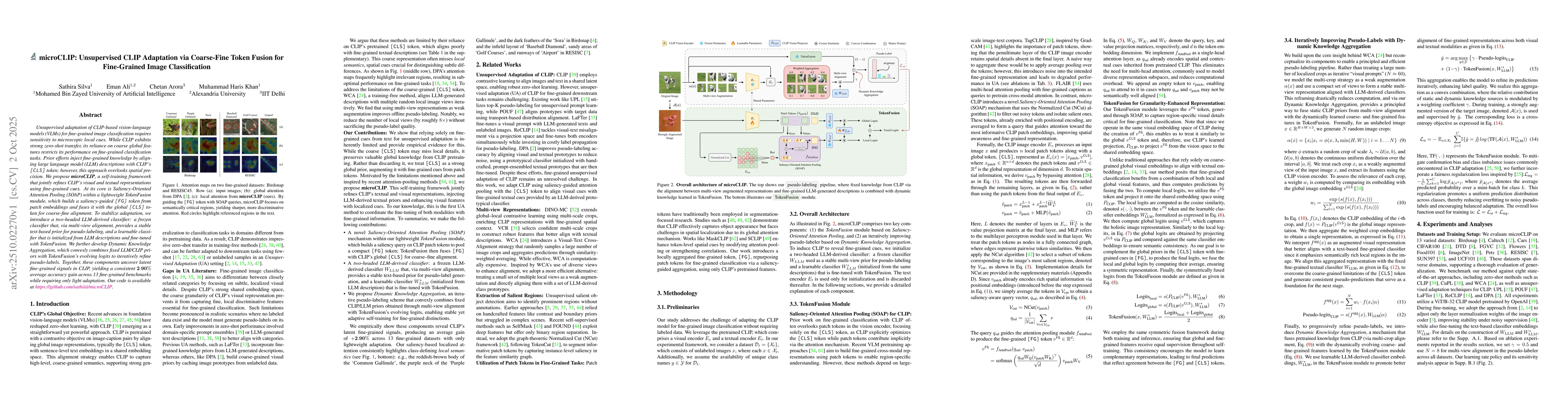 Thumbnail for microCLIP: Unsupervised CLIP Adaptation via Coarse-Fine Token Fusion for
  Fine-Grained Image Classification