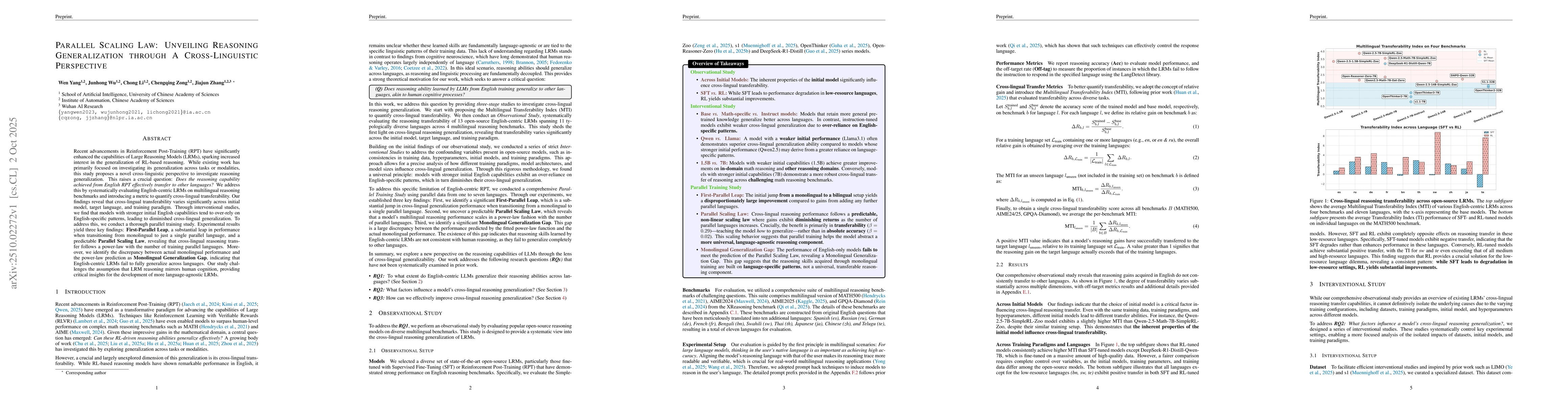 Thumbnail for Parallel Scaling Law: Unveiling Reasoning Generalization through A
  Cross-Linguistic Perspective