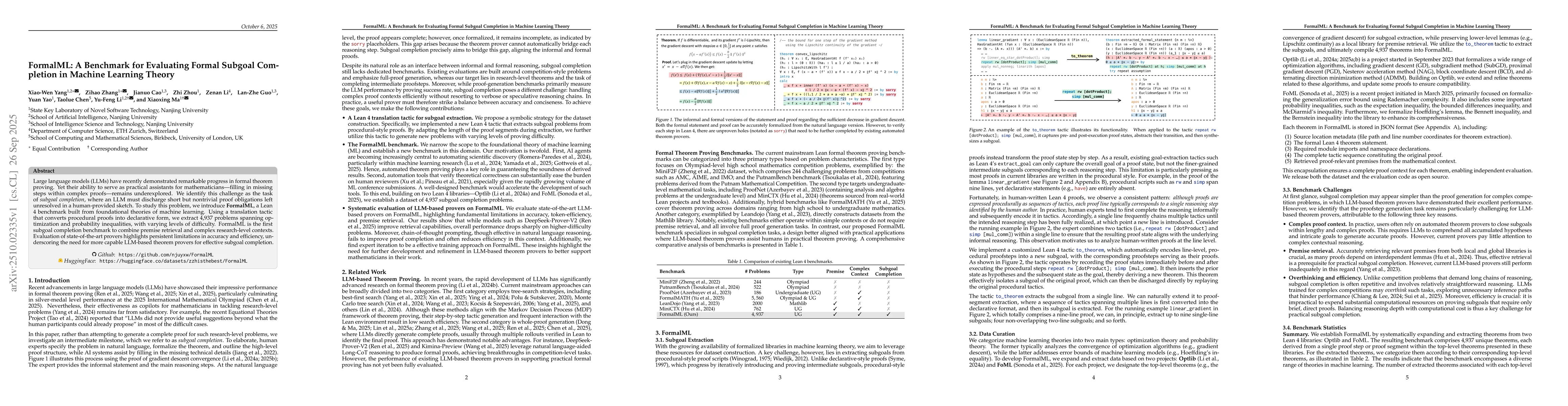 Thumbnail for FormalML: A Benchmark for Evaluating Formal Subgoal Completion in
  Machine Learning Theory