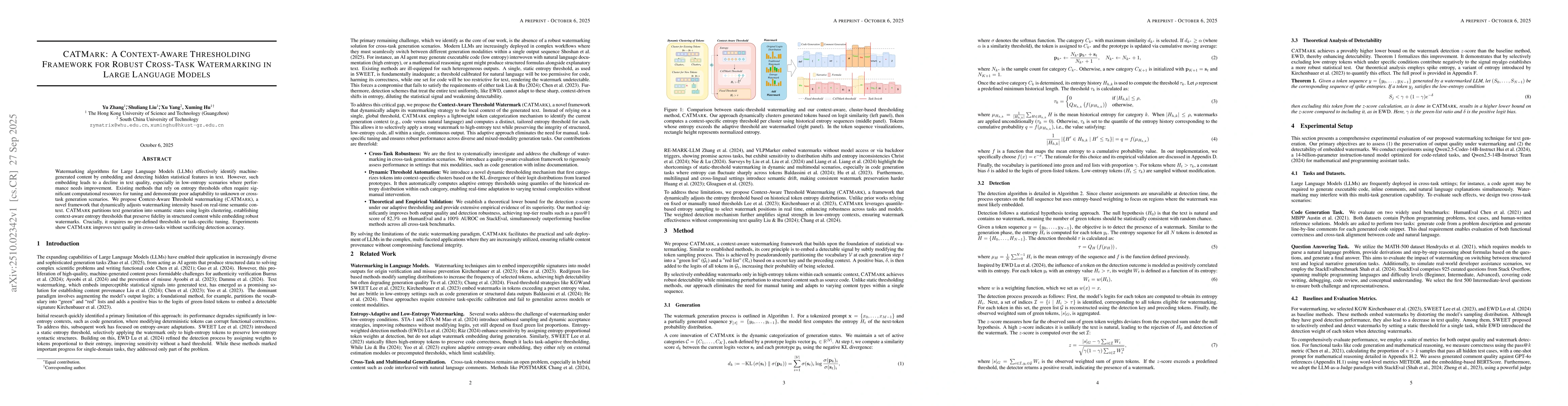 Thumbnail for CATMark: A Context-Aware Thresholding Framework for Robust Cross-Task
  Watermarking in Large Language Models