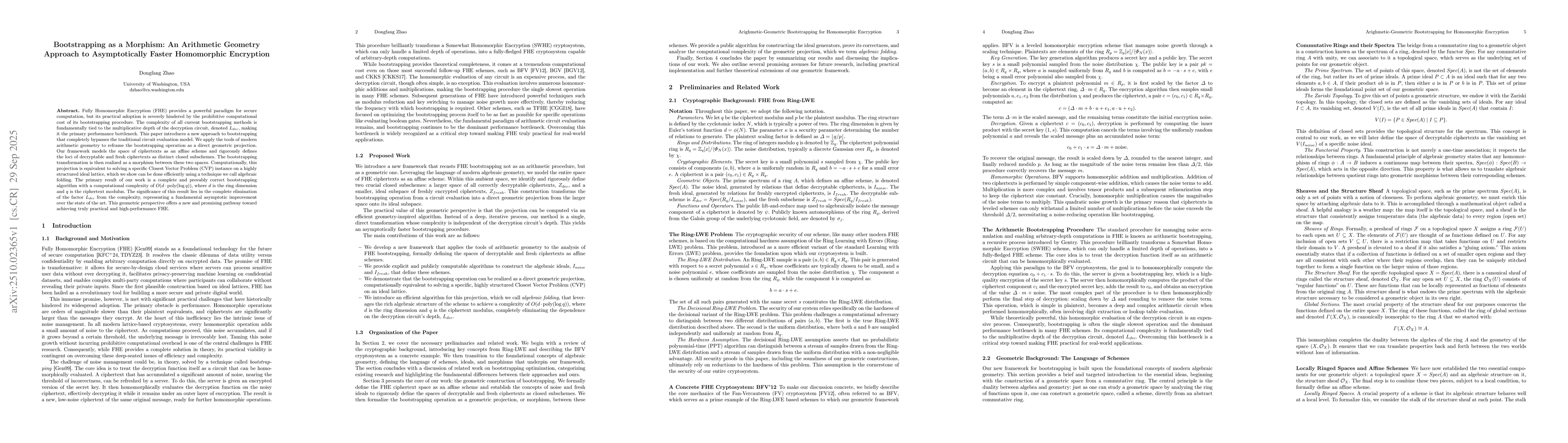 Thumbnail for Bootstrapping as a Morphism: An Arithmetic Geometry Approach to
  Asymptotically Faster Homomorphic Encryption